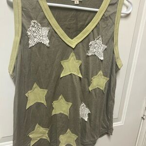 POL Olive Green Tank with Light Green Star Appliqués